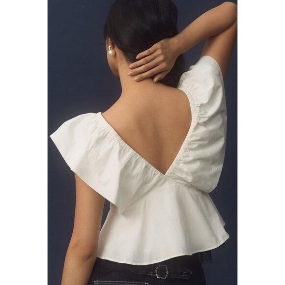 NWT By Anthropologie bow ruffle sleeve eyelash lace hem babydoll blouse - Picture 3 of 9